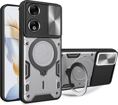 Produktbild von Handyhülle für Honor 90 5G Dual-Layer Stoßfest Rüstung Hülle mit Dia Kameraschutz und Kreisförmig Ring Ständer Silber