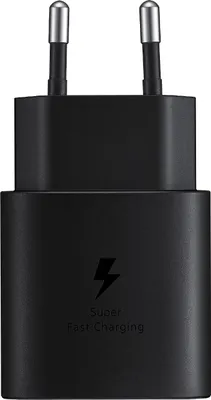 A black Samsung fast charger with a lightning bolt symbol and text indicating 'Super Fast Charging'.