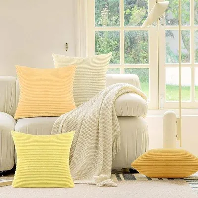 Image de Housses de coussin Ibenzoa® (lot de 4) – 45 x 45 cm – tissu velours côtelé doux, couleur beige, jaune et orange, motif rayé des deux côtés, fermeture éclair invisible, idéal pour canapé et fauteuil