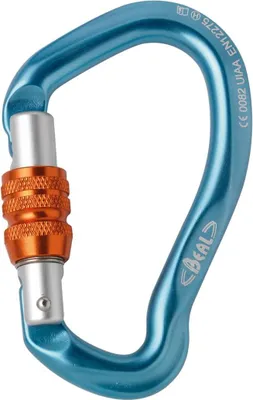 Be Link Screw Karabiner von Beal; blauer Karabiner mit orangefarbenem Schraubverschluss; geeignet für Klettern.