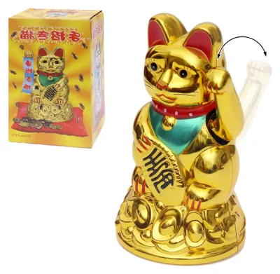 Produktbild von Winkekatze - Batteriebetriebene Wackelfigur - Dekoration für Büro und Schreibtisch - Gold