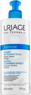 A white bottle of Uriage Xémose Gentle Cleansing Syndet with a blue pump dispenser.