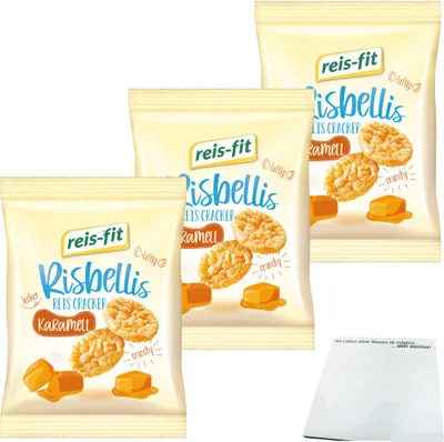 Produktbild von Reis-Fit Risbellis Caramel Fettarme Reis-Cracker mit Karamellgeschmack 3er Pack (3x40g Packung) + usy block