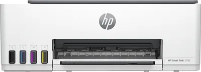 The back view of a white HP Smart Tank 5105 printer with visible ink cartridges.