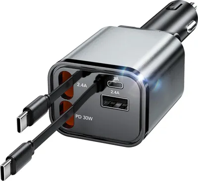 Immagine prodotto di Aimtel Caricabatterie da auto retrattile 60W, caricatore rapido per iPhone, Galaxy, Google Pixel, HuaWei - Porta USB-C + C