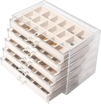 Immagine prodotto di Portagioie in acrilico Nideen, portagioie con 5 cassetti, portaorecchini, portagioie, organizzatore per orecchini, anelli, gioielli, organizzatore (beige)