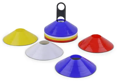 Produktbild von HAEST - Fußball Hütchen Set mit 40 Markierungshütchen in 4 Farben, mit Tragestab, Trainingszubehör für Fußball, Fitness & Agility, Blau, Gelb, Rot, Weiß