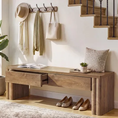 Produktbild von Sitzbänke, Eingangsbank mit 2 versteckten Schubladen, 140 cm Moderne Schuhbank mit breiten Beinen, Holzbank für den Innenbereich