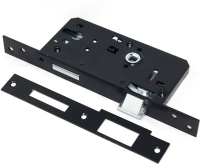 A black metal door lock mechanism and a black metal strike plate are shown on a white background.