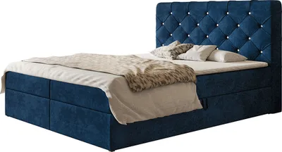 Produktbild von Boxspringbett BOSTON mit 2 Bettkästen, Polsterbett Maße: 120x200, Farbe: Dunkelblau, Velourstoff, Doppelbett mit Bonell-Matratze