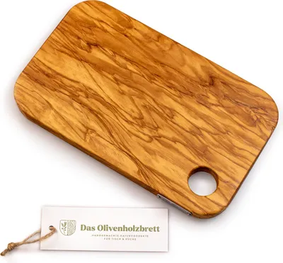 Produktbild von Schneidebrett aus Olivenholz, rechteckig mit gerundeten Ecken mit Loch, massiv 40 x 20 x 2,5 cm