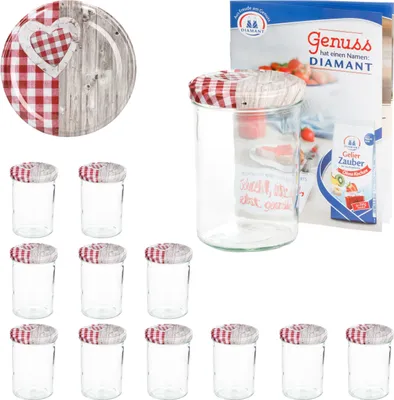 Produktbild von 12er Set Sturzglas 435 ml To 82 Deckel Holz Herz rot incl. Diamant Gelierzauber Rezeptheft