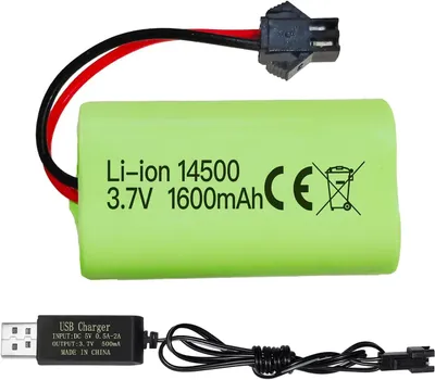 Zdjęcie produktu dla Akumulator litowo-jonowy 3,7 V 1600 mAh z wtyczką SM-2P + kabel USB - Kompatybilny z samochodami RC 9962, 8837 i zabawkami do ciężarówek budowlanych