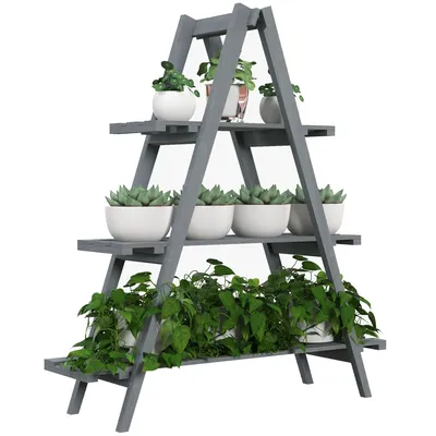 A gray wooden plant stand with multiple tiers, filled with various potted plants.