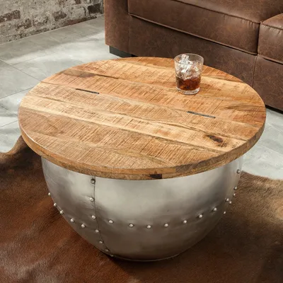 Produktbild von cagü: Industriedesign Couchtisch [PULIM] Natur aus Mangoholz und pulverbeschichtetes Metall mit Schweißnieten 68cm Ø Rund