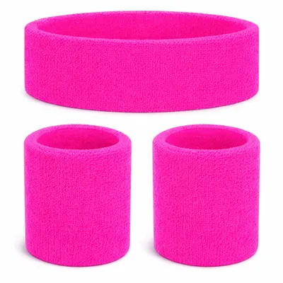 Produktbild von 3 in 1 Schweißband pink Set mit Stirnband – Accessoire Vokuhila Kostüm zu Retro neon 80er 90er Outfit – Fasching & Karneval