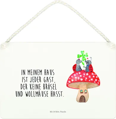 Produktbild von Mr. & Mrs. Panda Schild Marienkäfer Fliegenpilz DIN A4 - Weiß - Geschenk, holzbild, Wohnung, Fleigenpilzhaus, Türschild, Haus, Zuhause, Lustige Sprüche, Holzschild