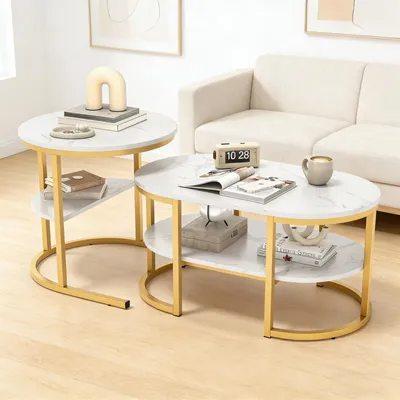 Productafbeelding van INONEFT Salontafel set van 2, bijzettafels met marmerlook en metalen frame, salontafel, moderne tafel voor de woonkamer, slaapkamer