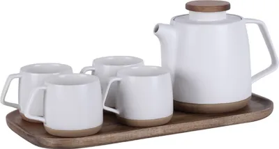 Obrázok produktu pre Biela porcelánová čajová súprava, čajová súprava z čínskej keramiky so sitkom na sypaný čaj, 900 ml matná biela japonská čajová kanvica a 4 šálky 200 ml s modernou drevenou servírovacou doskou