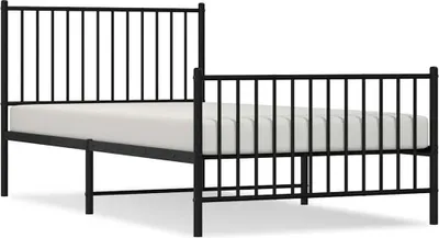 A black metal bed frame with a white mattress is shown against a white background.