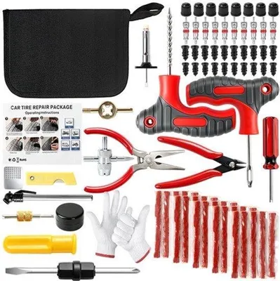 Productafbeelding van Bandenreparatieset, 79-delig, universeel bandenreparatiegereedschap met reparatiestrips, bandennagels, ventielinzetstukken, ventieldoppen en profielmarkeringspennen, bandenlekken set voor auto