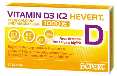 Obrázek produktu pro Vitamin D3 K2 Hevert plus, vápník a hořčík, 1000 IU, 60 kapslí