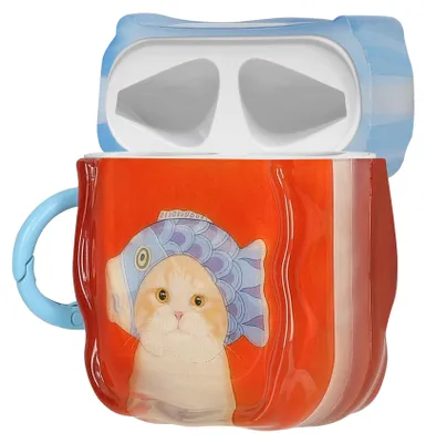 Produktbild von kwmobile In-Ear Kopfhörer Case für Apple Airpods 1 & 2 Hülle mit Karabiner - Headphones Case - Earphones Cover Etui - Katze mit Fischhut