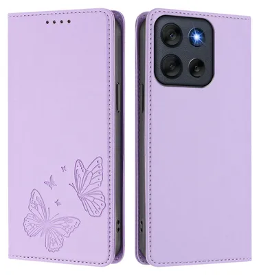 Image de Étui en cuir pour Motorola Moto G56, motif papillon, étui à rabat avec porte-appareil, violet clair