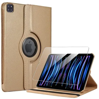 Image de Coque + Verre Trempé pour iPad Pro 11 Pouces (2022/2021/2020/2018) Etui Rotatif 360° Multi-Angle Doré
