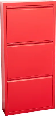 A red metal shoe cabinet with three flip-down doors.