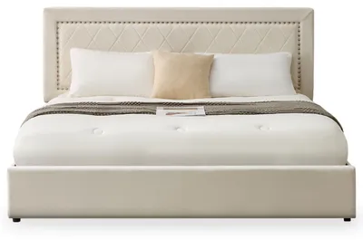 Image de MENZZO Lit coffre Sandiego avec sommier relevable 180x200cm et tête de lit cloutée Velours Beige clair