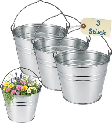 Produktbild von Zinkeimer Ascheeimer Metalleimer verzinkt Blecheimer für Garten Asche Eimer 5 L Blumentopf Metall Eimer Wassereimer Baueimer Futtereimer Garteneimer Dekoeimer 3 St.