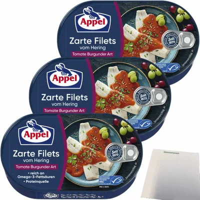 Produktbild von Appel Zarte Filets vom Hering Tomate Burgunder Art 3er Pack (3x200g Dose) + usy Block