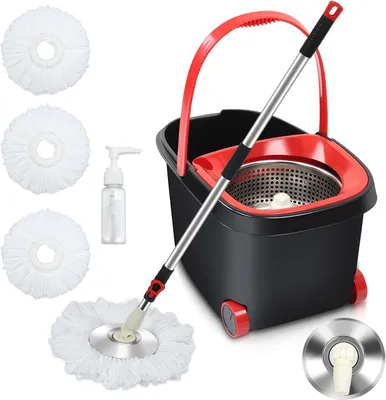 Produktbild von Wischmopp Set mit Eimer, Wischmopp Set mit 360° Drehkopf mit Teleskopstiel & 3 Mikrofaser-moppköpfen, Eimer mit Auswringfunktion, Rot