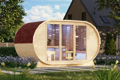 Image de Bienvenue chez Saunahaus. Sauna extérieur, sauna de jardin, sauna en fût. Bois massif brut, sans accessoires. Dimensions : 401 x 220 x 229 cm. Épaisseur du bois : 38 mm