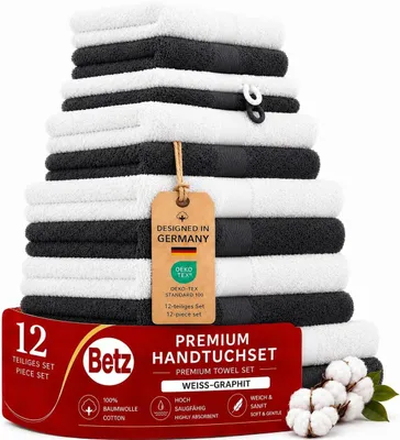 Produktbild von Betz 12-tlg. Handtuch-Set PREMIUM 2 Duschtücher 4 Handtücher 2 Gästetücher 2 Seiftücher 2 Waschhandschuhe  Farbe: weiss / graphit