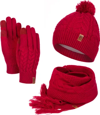 Produktbild von Damen Mütze Schal Winter Set | Gefütterte Strickmütze mit Bommel | Winterschal mit Fransen | Touchscreen Handschuhe Rot