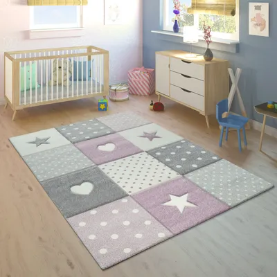 Produktbild von Teppich Kinderzimmer Kinderteppich Junge Mädchen Herz Punkt Stern 3D Lila Grau Grösse 133 cm Quadrat