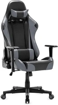 Image de Siège de jeu, fauteuil de gamer de course avec repose-tête et support lombaire, chaise de bureau ergonomique, fauteuil de bureau à dossier haut, siège de bureau pivotant en similicuirPolyuréthane(gris)