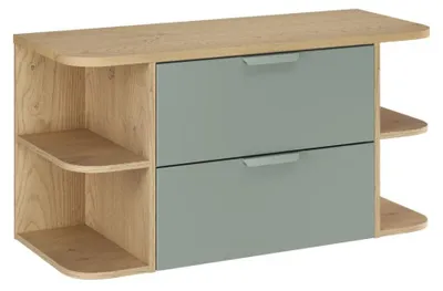 Immagine prodotto di Insieme OSTER 100cm: mobile sottolavabo con cassetti verde salvia e nicchie a vista + piano per lavabo effetto rovere chiaro