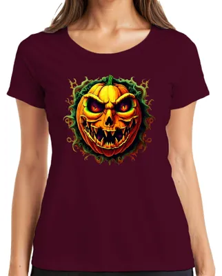 Imagen del producto de Camiseta de mujer con diseño de calabaza de Halloween, color burdeos, talla S