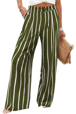 Image de Pantalon ample pour femmes ASKSA, jambes larges, taille haute, pantalon d'été léger, modèle palazzo, coupe ample, pantalon de loisirs décontracté avec poches, rayures, couleur verte, taille XL