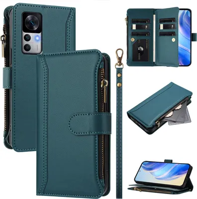 Obrázek produktu pro Pouzdro pro Xiaomi 12T/12T Pro/Redmi K50 Ultra, zipem, peněženkovéPolyuretankožené flip pouzdro s kapsami na karty, stojánkem a poutkem na ruku zelený
