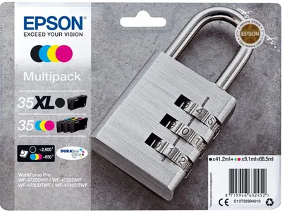 Zdjęcie produktu dla Epson Padlock 35XL, Wysoka (XL) wydajność, Czarny, Cyjan, Purpurowy, Żółty, Tusz na bazie pigmentu, 41,2 ml, 27,3 ml, 1 szt.