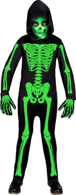 Produktbild von Kinderkostüm Grünes Skelett mit Kapuze – Größe 104–158 cm Halloween 104 cm - 2-3 Jahre