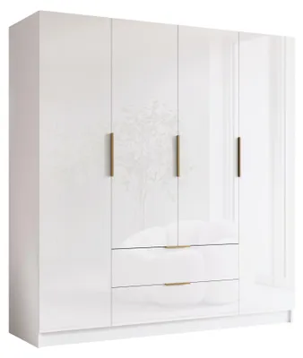 Produktbild von MIRJAN24 Kleiderschrank Sofia I 200, Schlafzimmer, Drehtürenschrank, mit Kleiderstange, Modern, Garderobenschrank, Metallgriffe (Farbe: Weiß / Weiß Hochglanz + Gold)