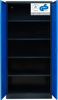 Produktbild von Stahlschrank BEE mit 10 verzinkten Fachböden | HxBxT 195x92x42cm | Korpusfarbe Anthrazit, Frontfarbe Enzianblau | Werkstattschrank Werkzeugschrank Aktenschrank Universalschrank
