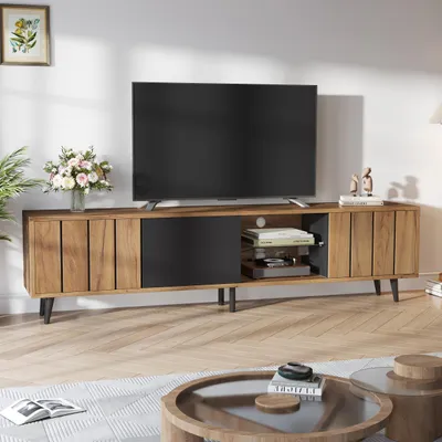 Produktbild von MODFU TV-Schrank 175 cm, Lowboard mit 3 Türen und Glaseinlegeböden, TV-Möbel für bis 75 Zoll Fernseher, Wohnzimmerschrank in Holzoptik Schwarz-Natur
