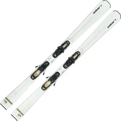 A pair of white skis with black and gold bindings, shown from a diagonal angle against a white background.