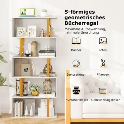 Produktbild von Bücherregal Weiß Standregal mit 5 Ebenen S-förmig Büroregal freistehend 70 x 24 x 157 cm